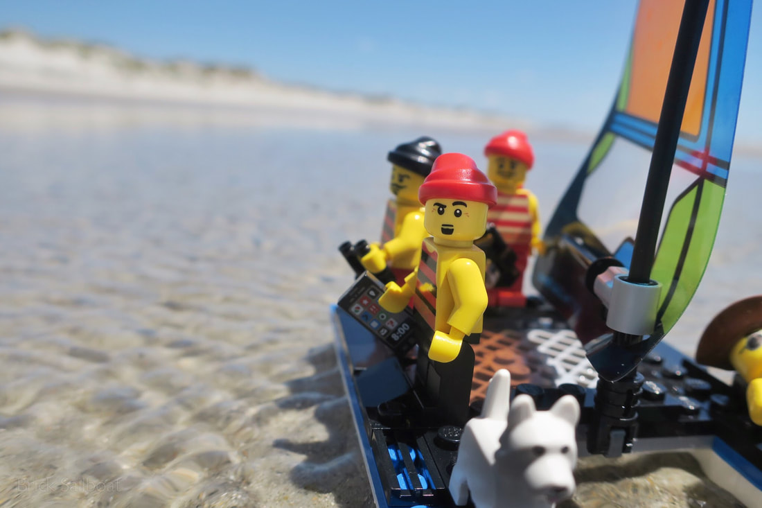 The pirates patrol the beach in their little catamaran sailboat