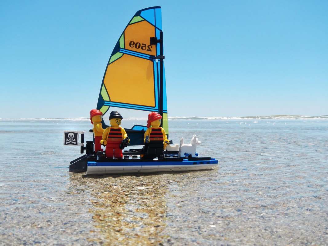 Brick pirates with their dog aboard their catamaran sailboat patrolling the beach 