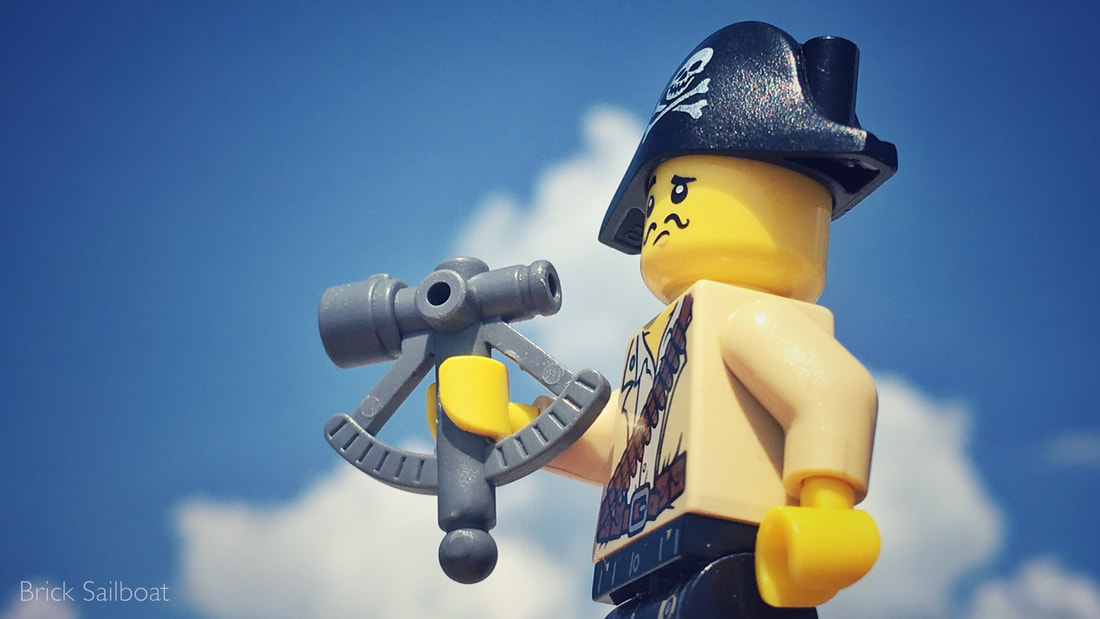 A LEGO pirate trying to figure out how to use a sextant