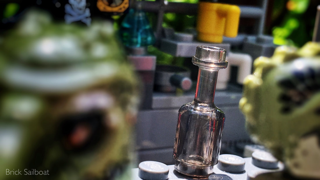 A LEGO bottle on the bar with a sleeping potion...